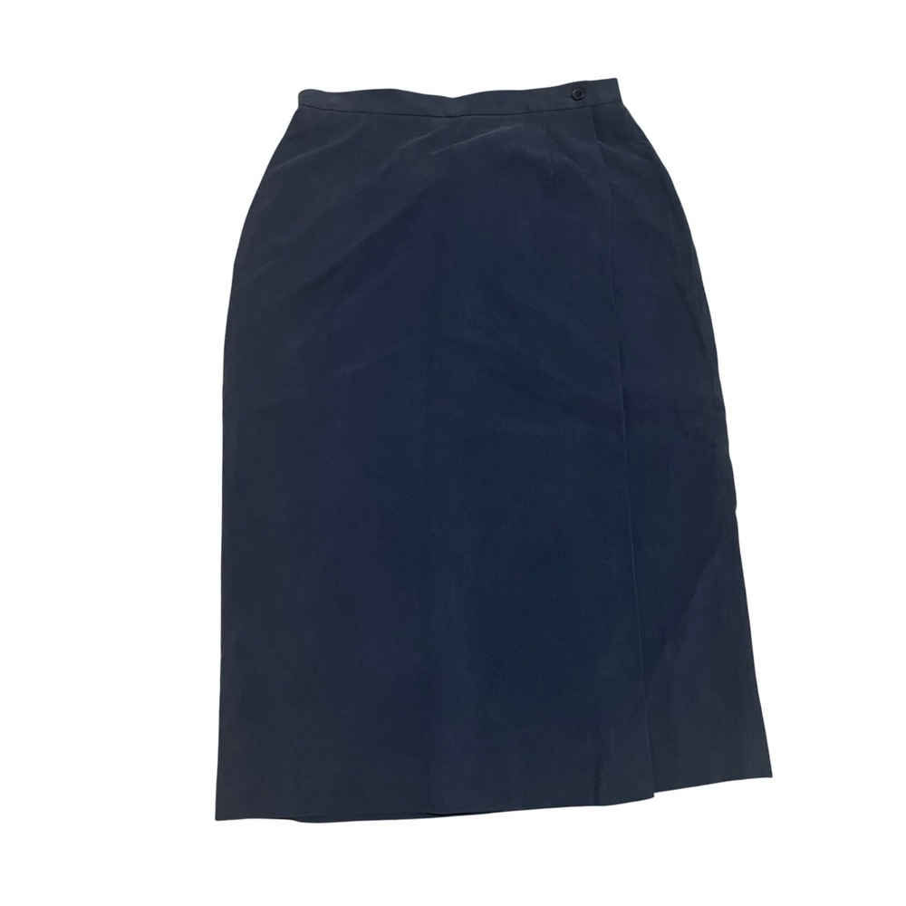 VTG Talbots Women's 12P Navy Blue 100% Washed Silk Wrap Midi Skirt Timeless NWT